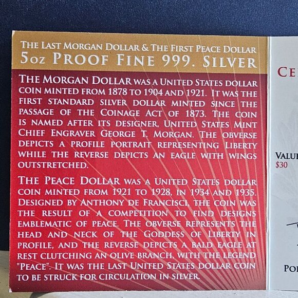 RARE 1921-2021 MORGAN-PEACE SILVER DOLLAR 100th ANNIV (5 oz) Proof - Box & COA - Picture 4 of 5